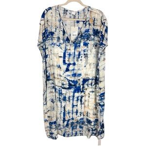 Poetry Art to Wear Silk crêpe de chine Unique Printed Blue Silk Dress Sz 14 NWT